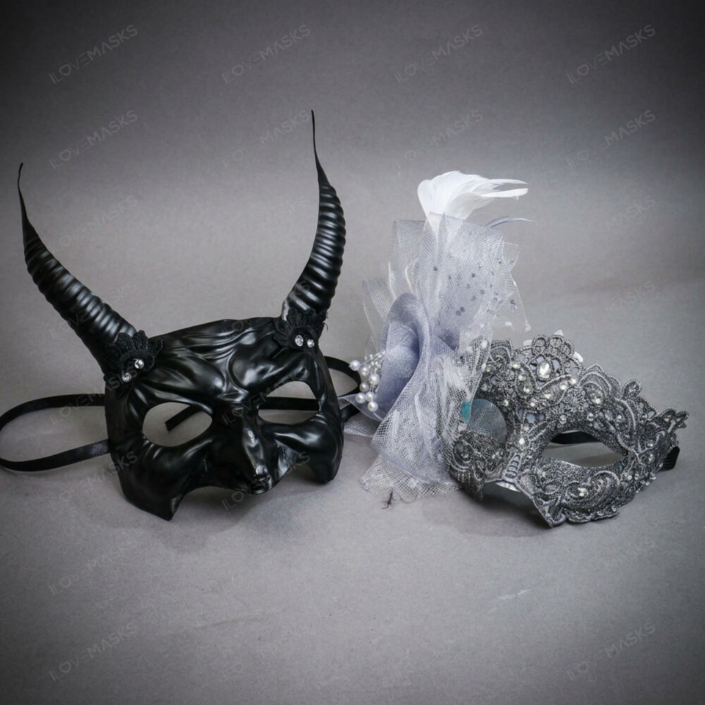 Black Devil Horn Demon Mask & Silver Lace Feather Masquerade Couple Mask Set